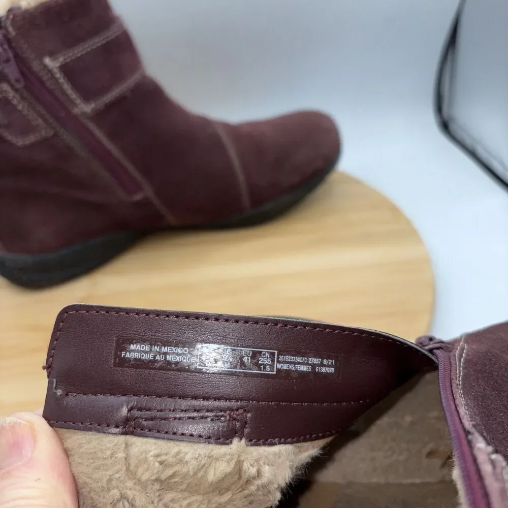 Clarks Collection Burgundy Suede Zip Ankle Booties Faux Fur Lined 9.5 Roseville